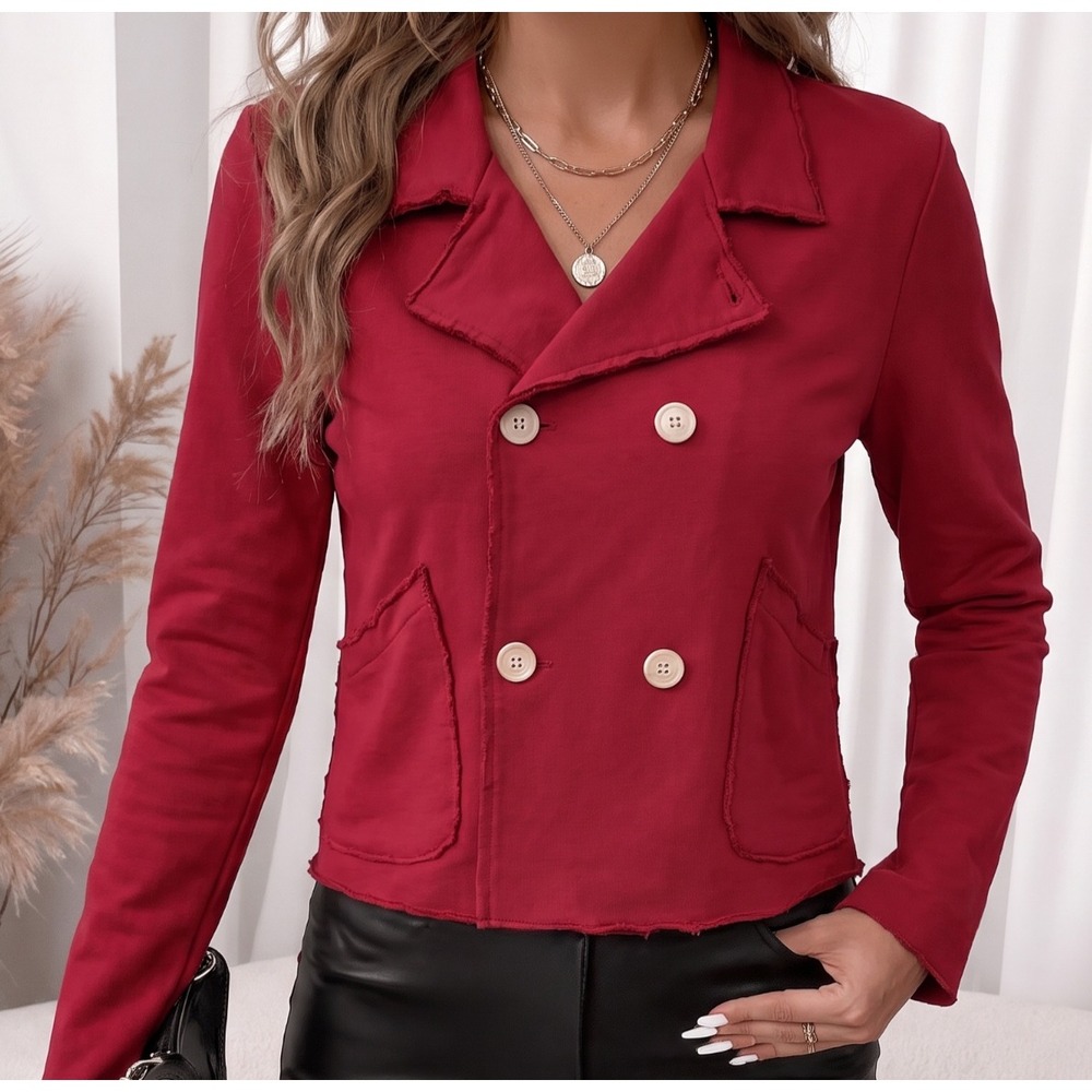 Frank & Eileen Mini Belfast Crop Raw Hem Red M Sweatshirt Peacoat Triple Fleece